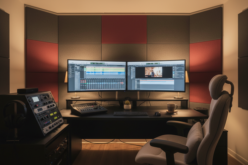 Quiet audio edit bay with dual monitors and acoustic panels