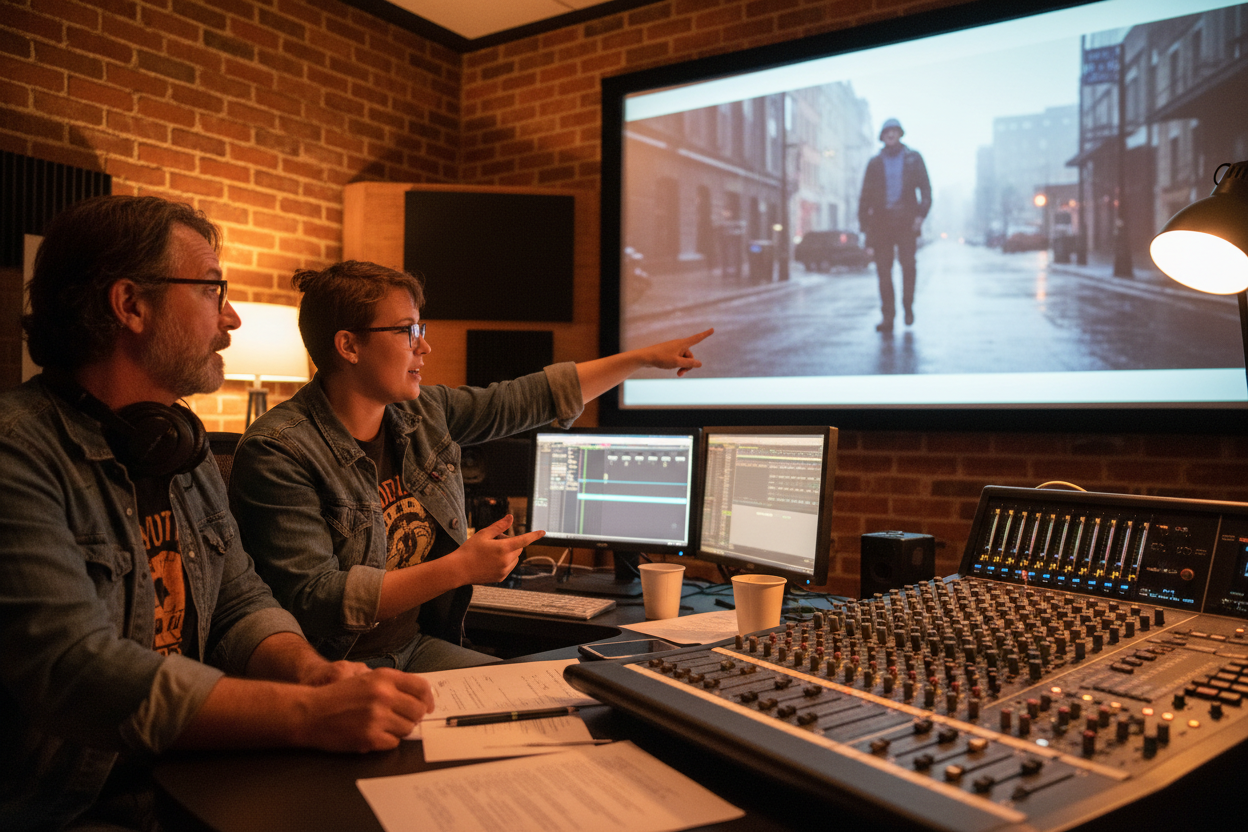 Young indie filmmaker discussing film with experienced mixer in studio control room