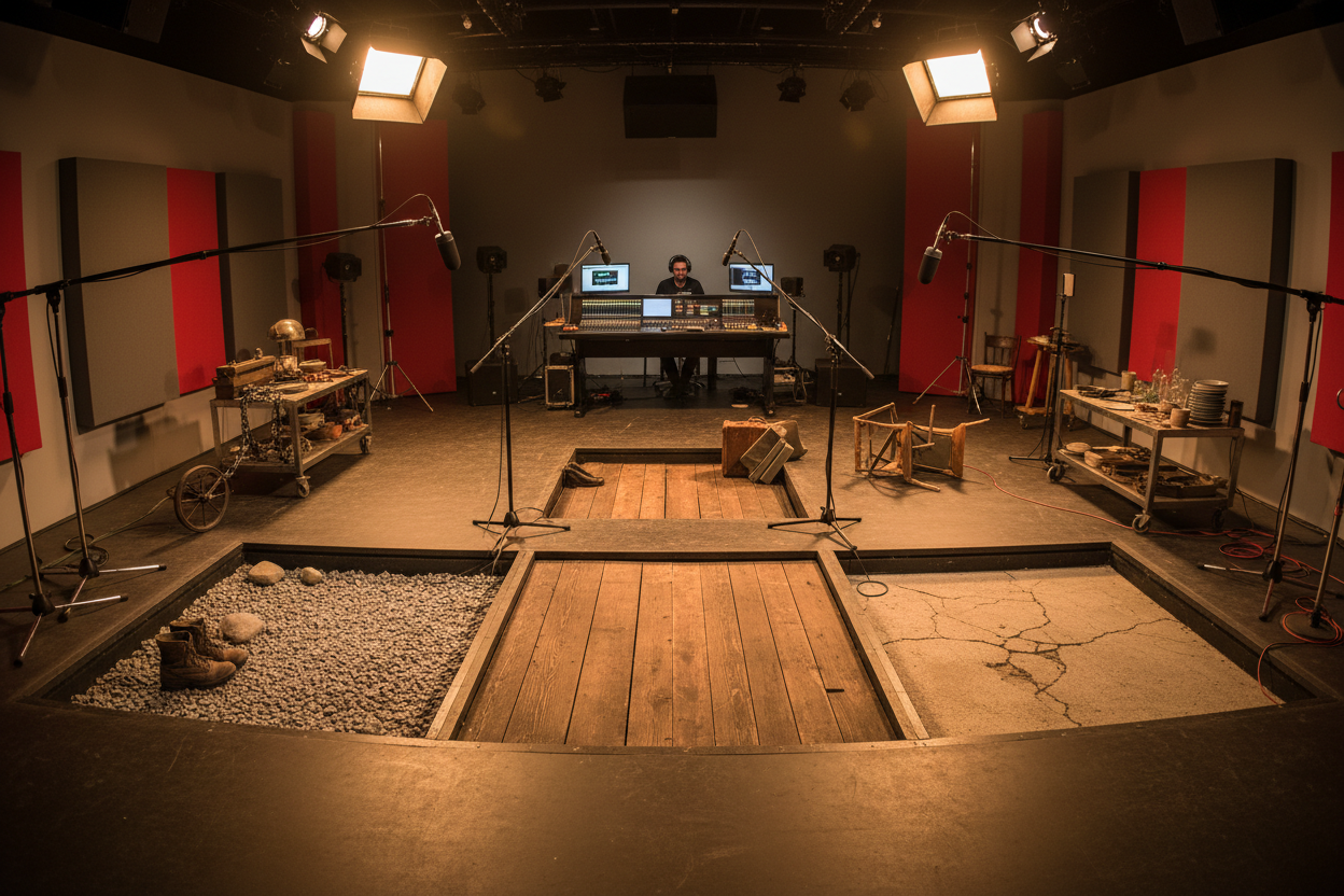 Foley stage with multiple pit floors, props, and microphones
