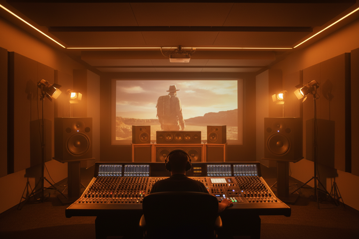 Film on studio screen with 5.1 speaker setup and mixing console