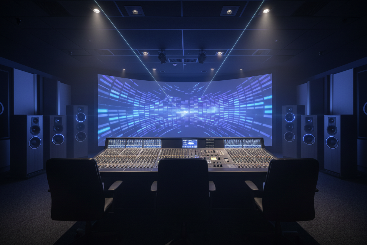 Perspective from behind mixer toward big screen and surround speakers