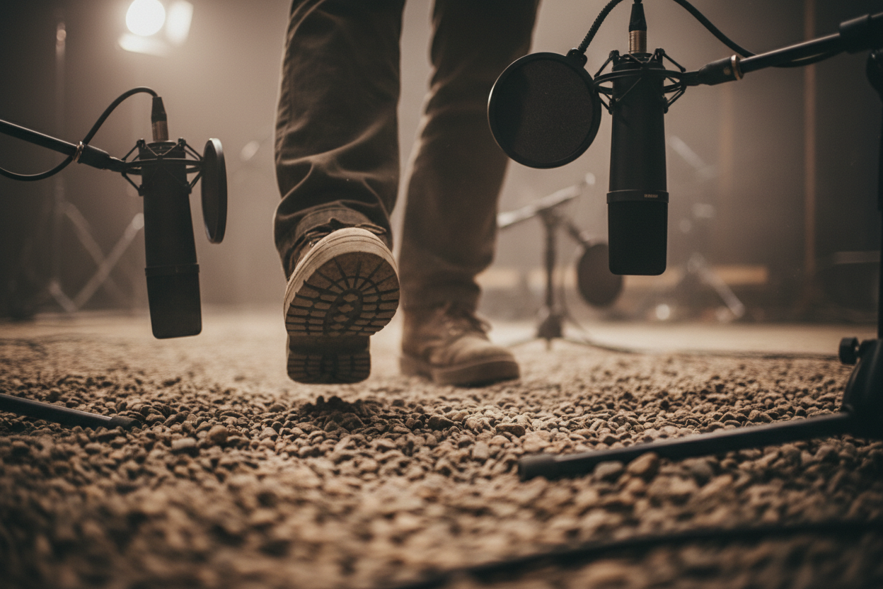 Foley artist's feet walking on gravel pit with microphones nearby