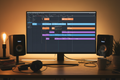 Podcast or web series DAW timeline with studio monitors and warm lighting