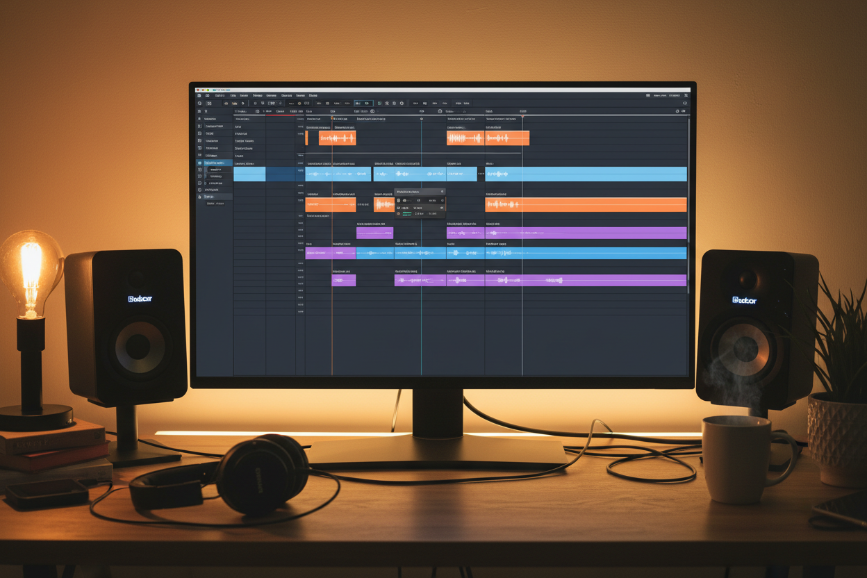 Podcast or web series DAW timeline with studio monitors and warm lighting