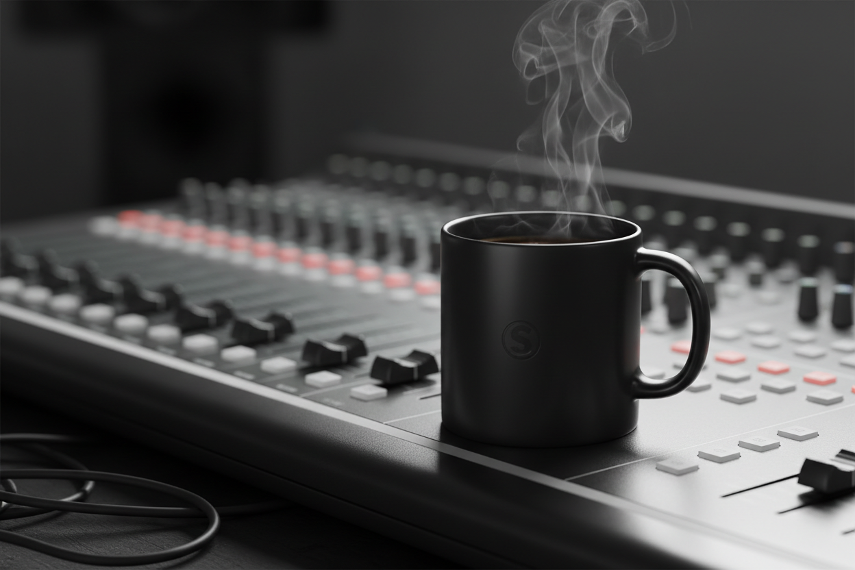 Minimalist black ceramic mug with studio logo on mixing console
