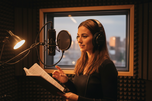 Voice actor in professional vocal booth with microphone and script