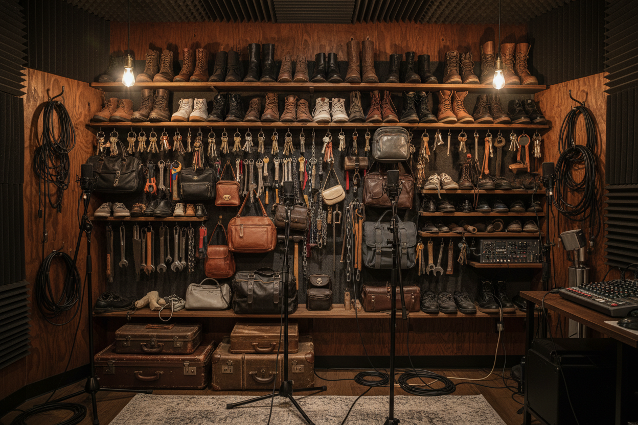 Wall of Foley props neatly arranged with microphones and cables