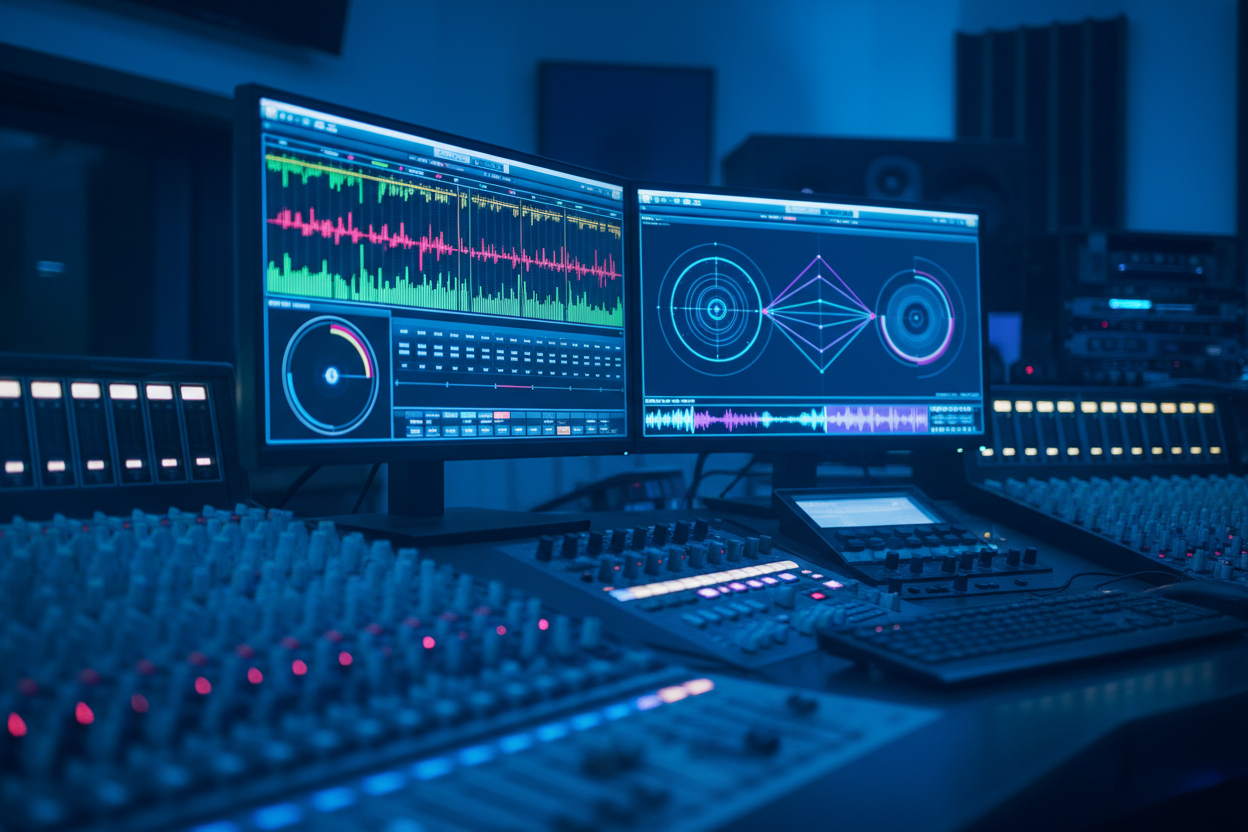 Audio meters and surround panning interface on dual monitors