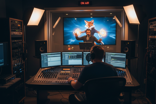 Control room view of engineer at console with actor in booth and animation on screen